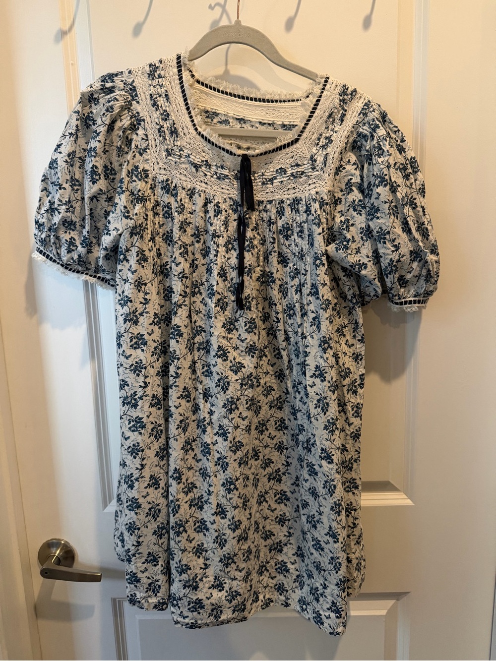 Doen Cream and Blue Floral Smocked Mini Dress